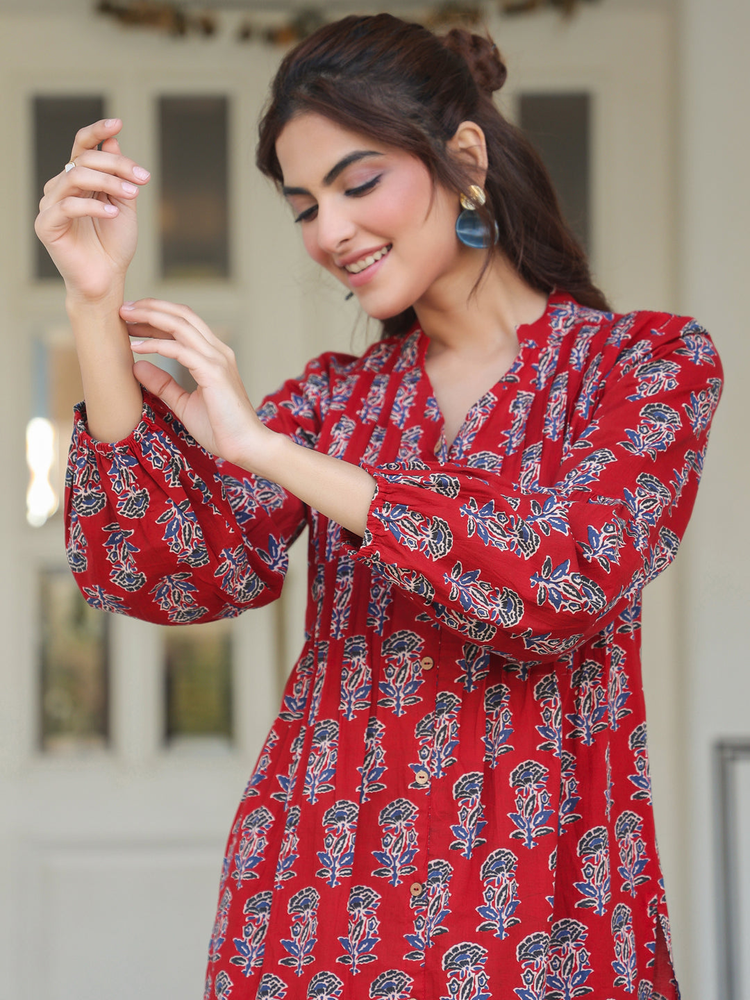 Naari By Shree Maroon Cotton Floral Print Flared Kurta