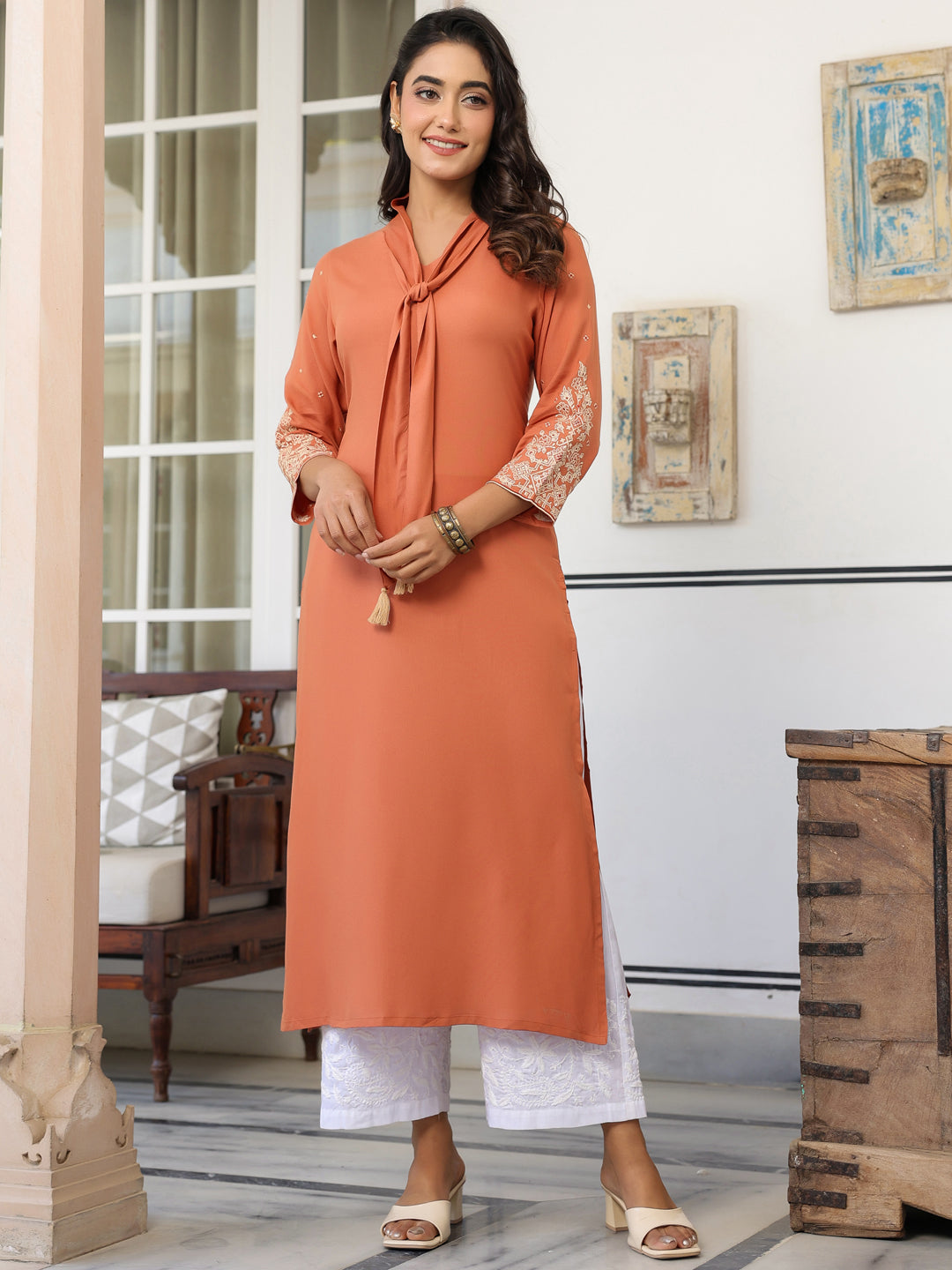 Naari By Shree Peach Rayon Solid Straight Kurta