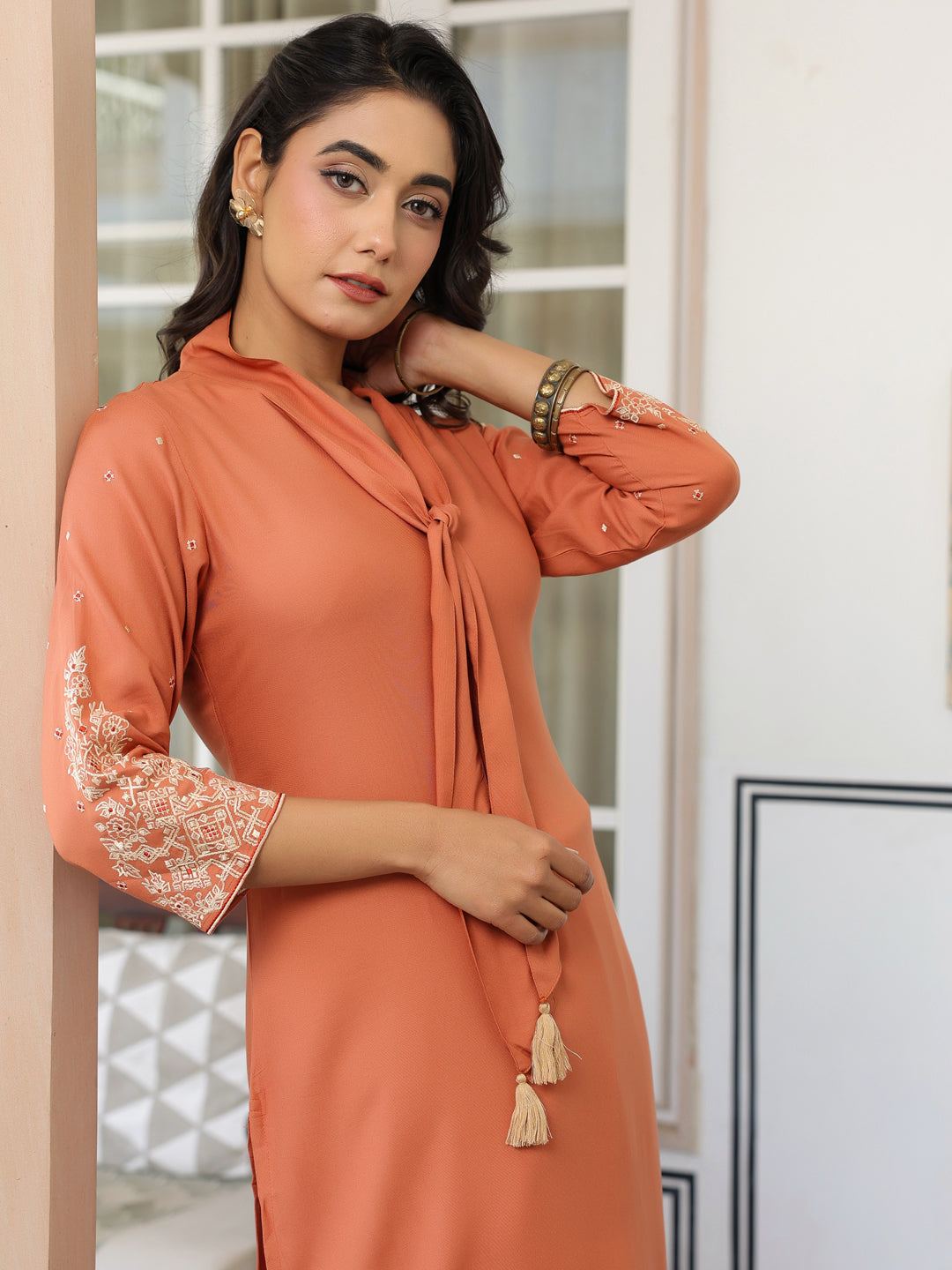 Naari By Shree Peach Rayon Solid Straight Kurta