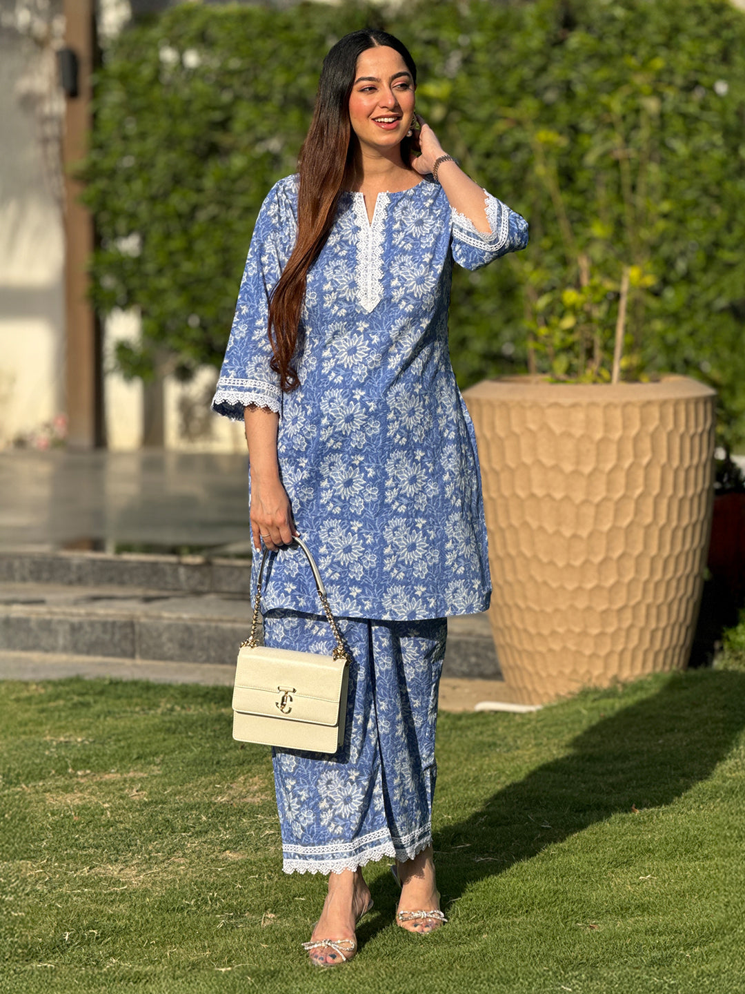 Naari By Shree Blue Pure Cotton Floral Printed Straight Co-ord Set