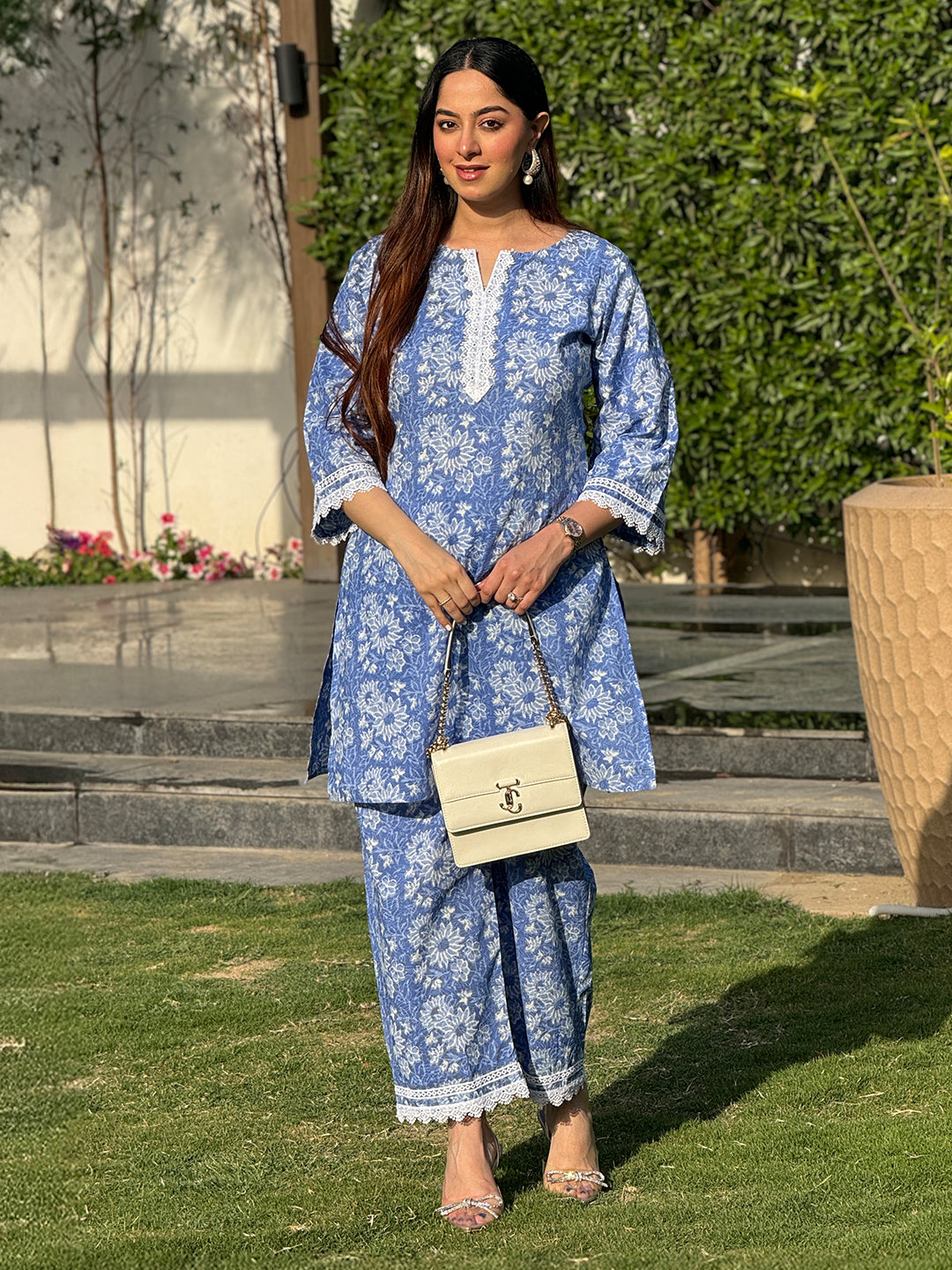 Naari By Shree Blue Pure Cotton Floral Printed Straight Co-ord Set