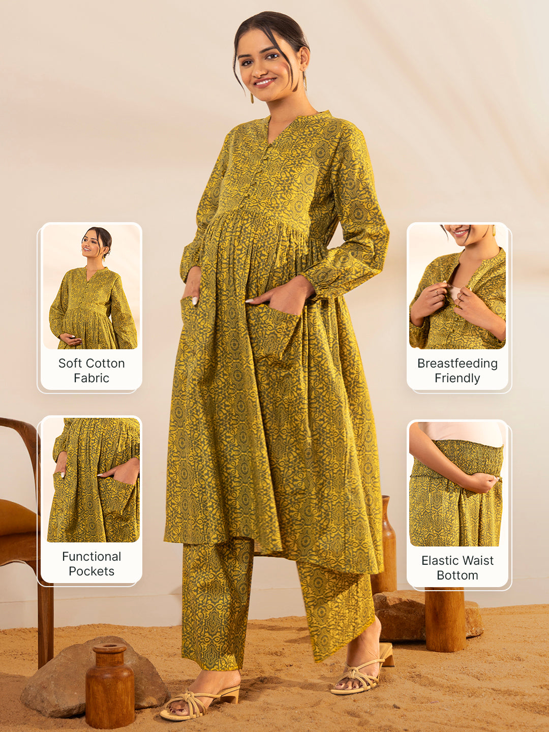 Naari By Shree Olive Cotton Printed Gathered Maternity Kurta Set