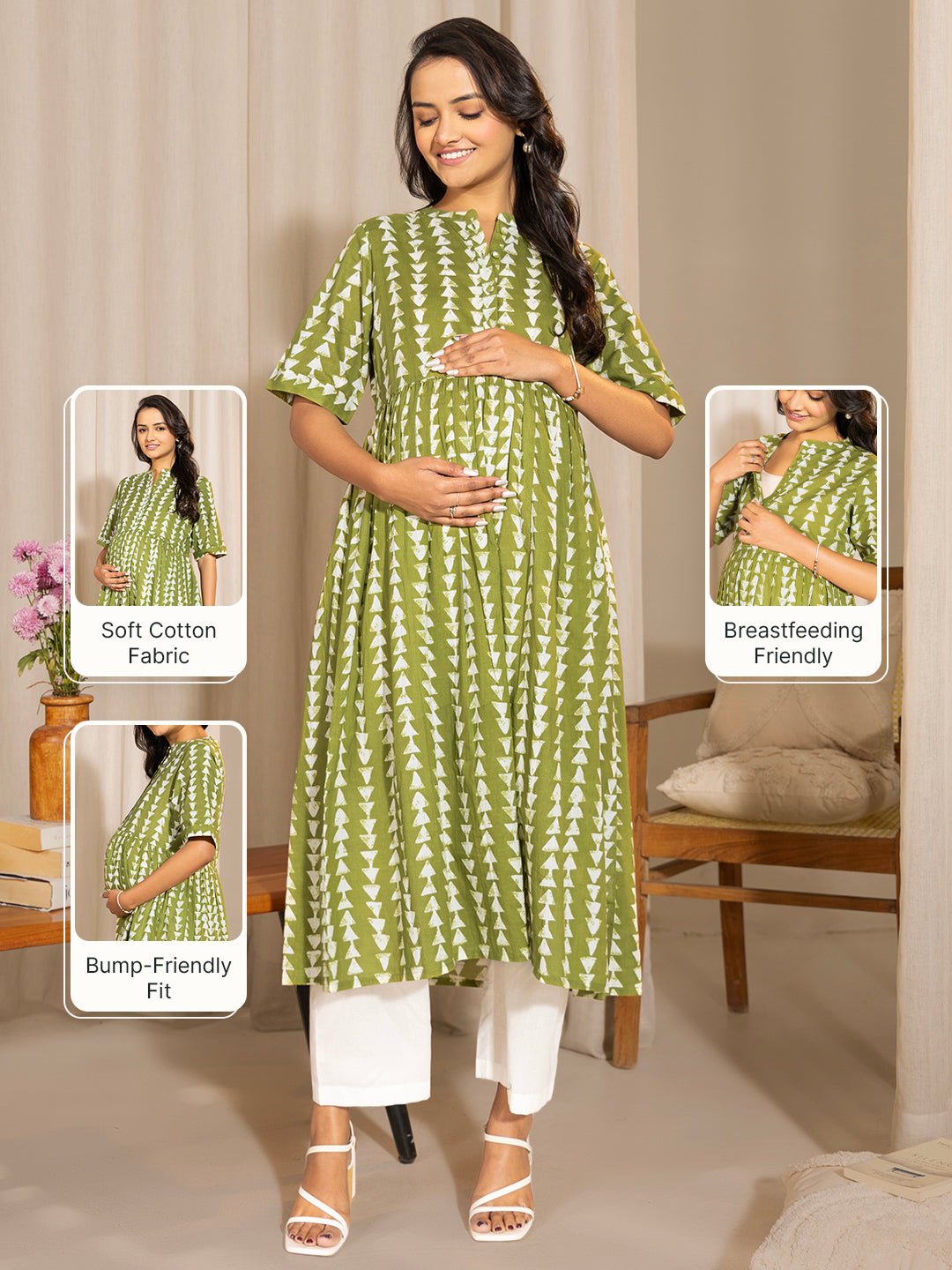 Naari By Shree Green Cotton Block Printed Gathered Maternity Kurta