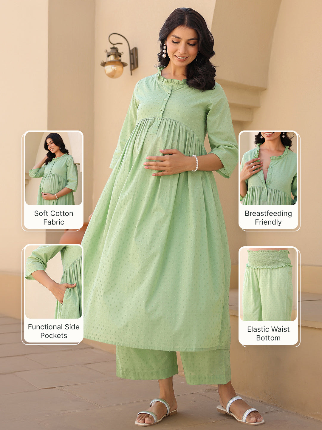 Naari By Shree Green Dobby Pure Cotton Self Design A-line Maternity Kurta Pant Set