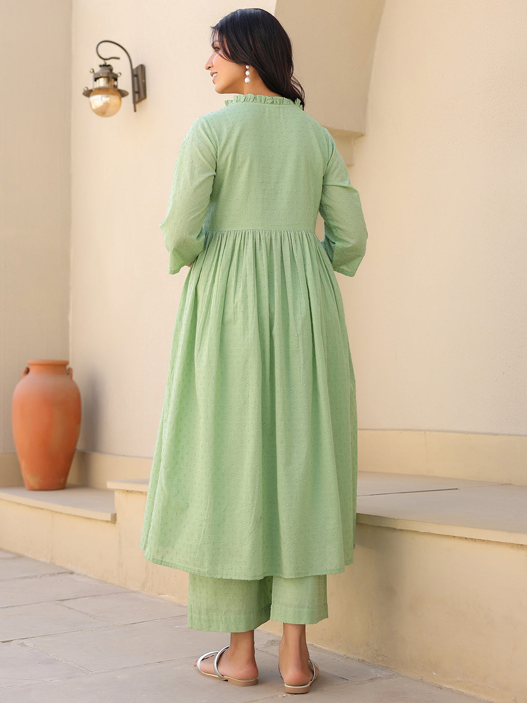 Naari By Shree Green Dobby Pure Cotton Self Design A-line Maternity Kurta Pant Set