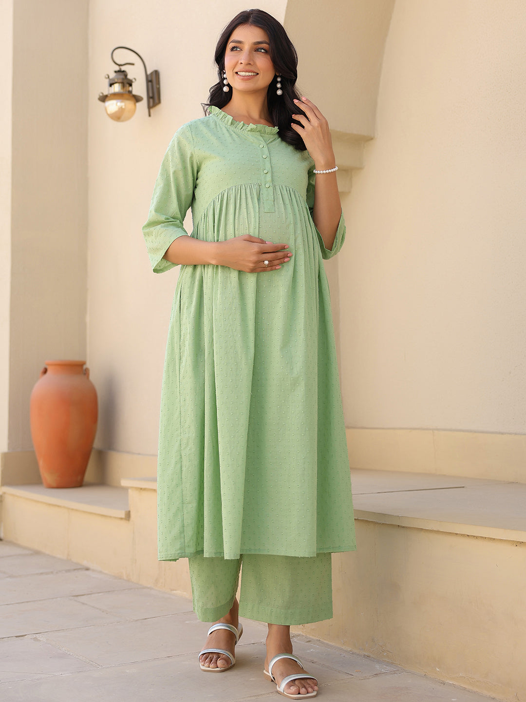 Naari By Shree Green Dobby Pure Cotton Self Design A-line Maternity Kurta Pant Set