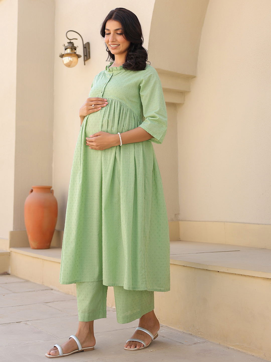 Naari By Shree Green Dobby Pure Cotton Self Design A-line Maternity Kurta Pant Set