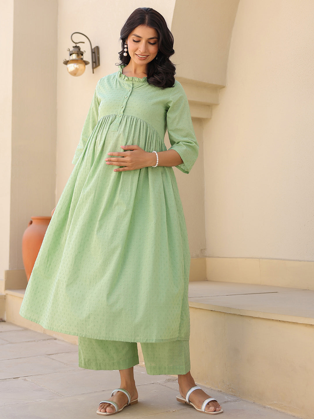 Naari By Shree Green Dobby Pure Cotton Self Design A-line Maternity Kurta Pant Set