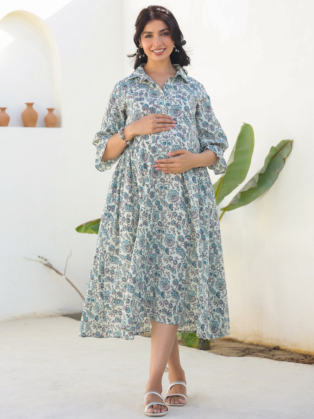 Naari By Shree Off White Pure Cotton Floral Printed A-line Maternity Dress