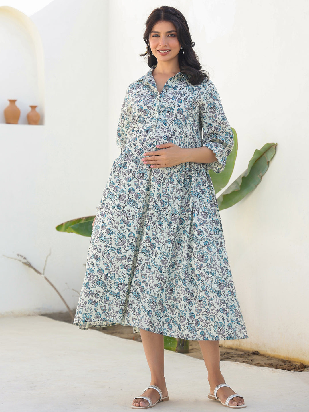 Naari By Shree Off White Pure Cotton Floral Printed A-line Maternity Dress