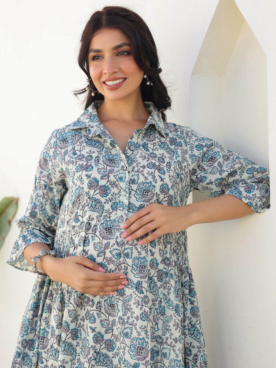 Naari By Shree Off White Pure Cotton Floral Printed A-line Maternity Dress