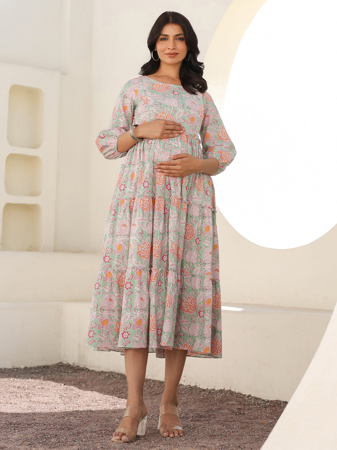 Naari By Shree Light Green Pure Cotton Floral Printed Tiered Maternity Dress