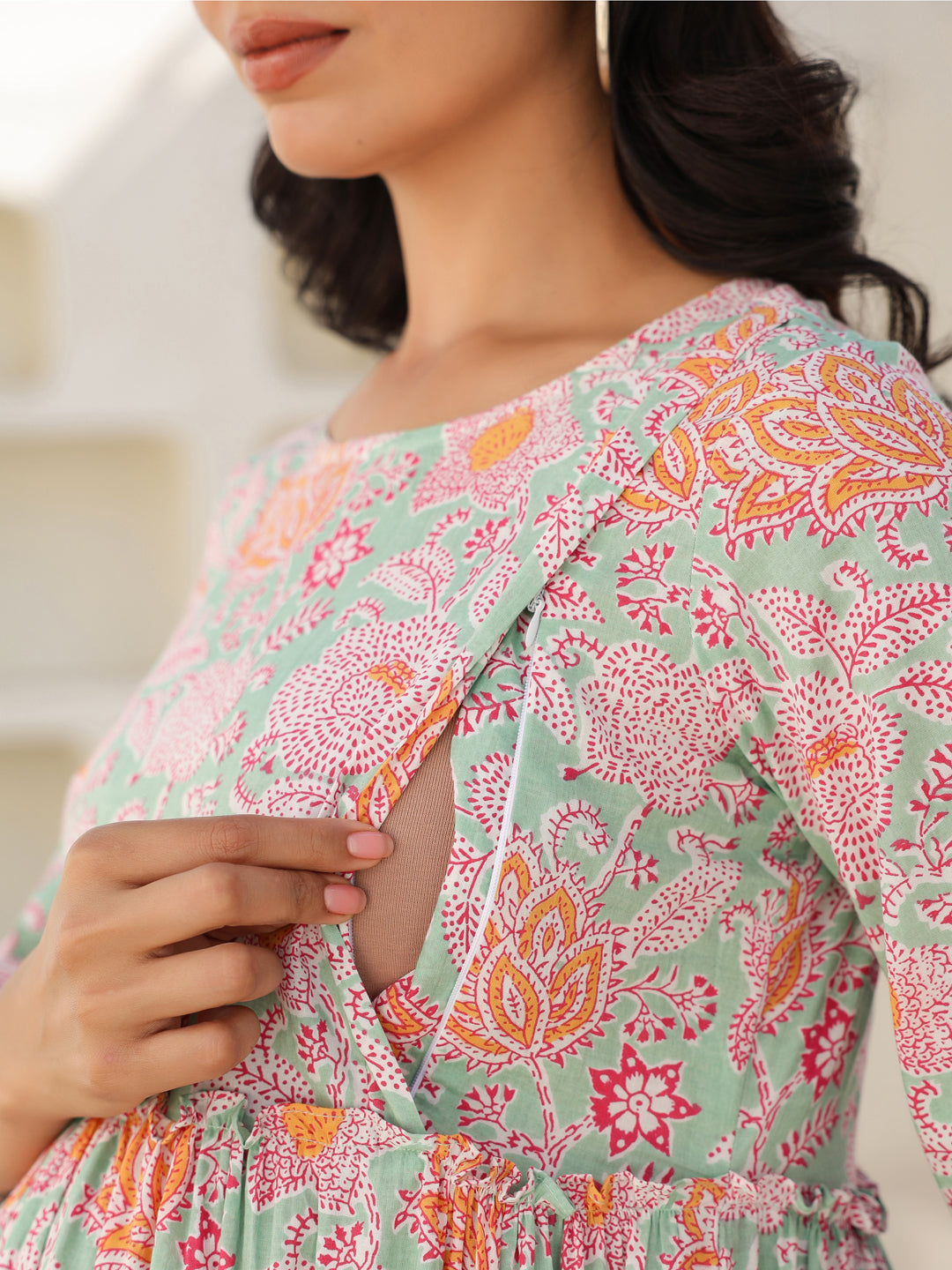 Naari By Shree Light Green Pure Cotton Floral Printed Tiered Maternity Dress