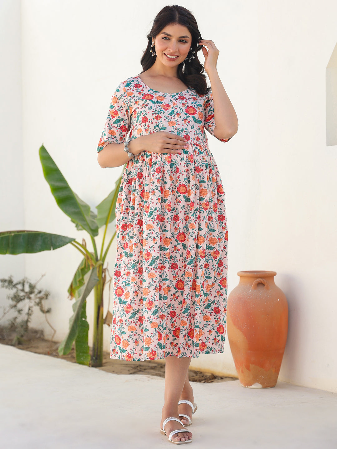 Naari By Shree Peach Pure Cotton Floral Printed Fit & Flare Maternity Dress