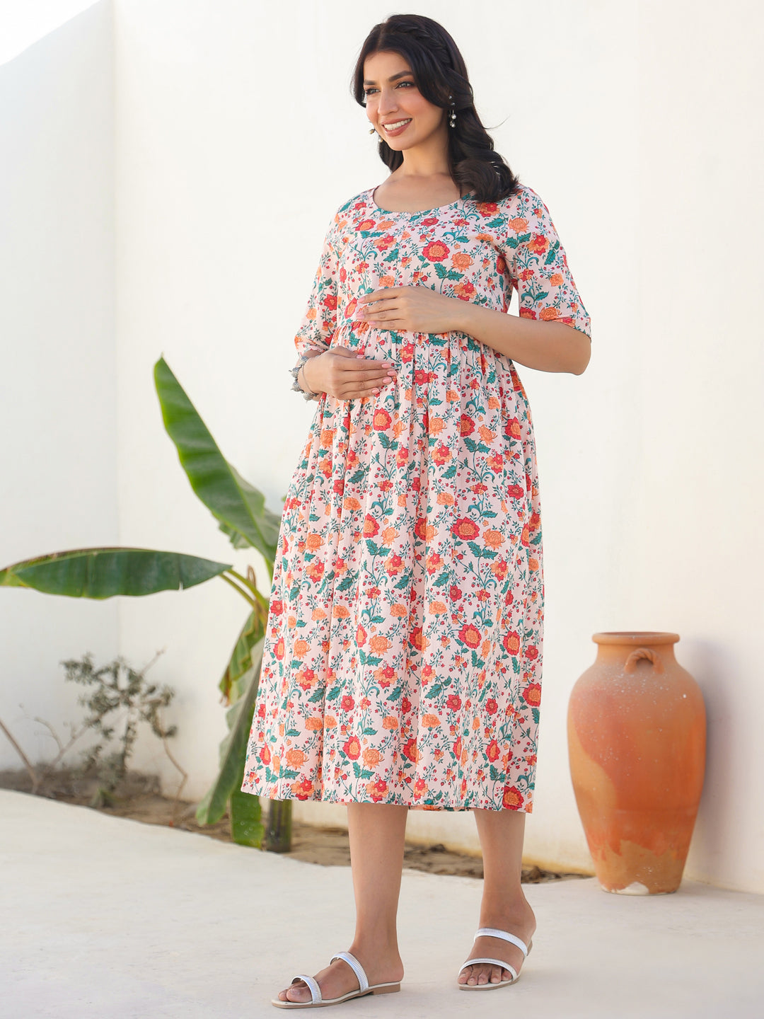 Naari By Shree Peach Pure Cotton Floral Printed Fit & Flare Maternity Dress