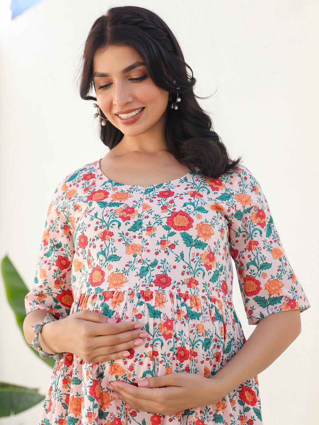Naari By Shree Peach Pure Cotton Floral Printed Fit & Flare Maternity Dress