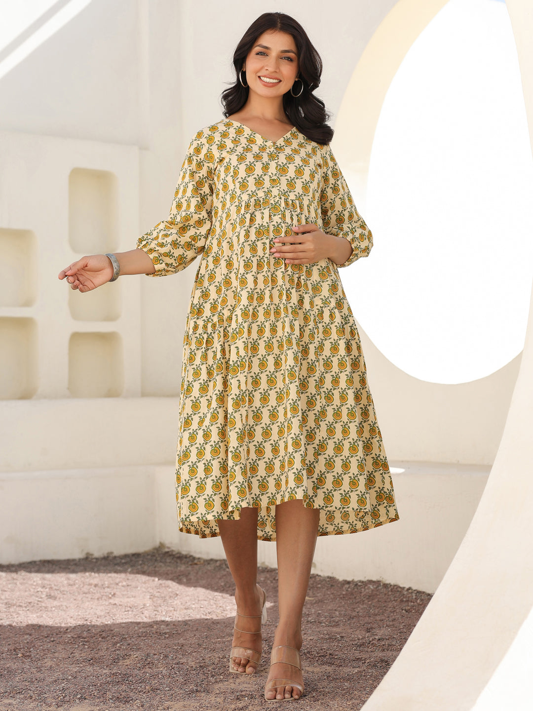 Naari By Shree Cream Pure Cotton Floral Printed A-line Maternity Dress