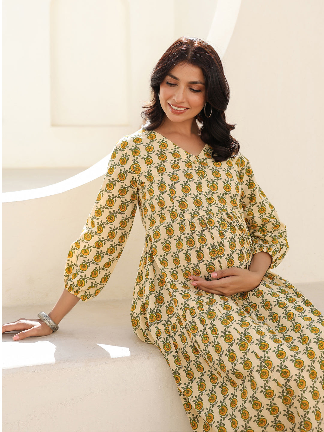 Naari By Shree Cream Pure Cotton Floral Printed A-line Maternity Dress