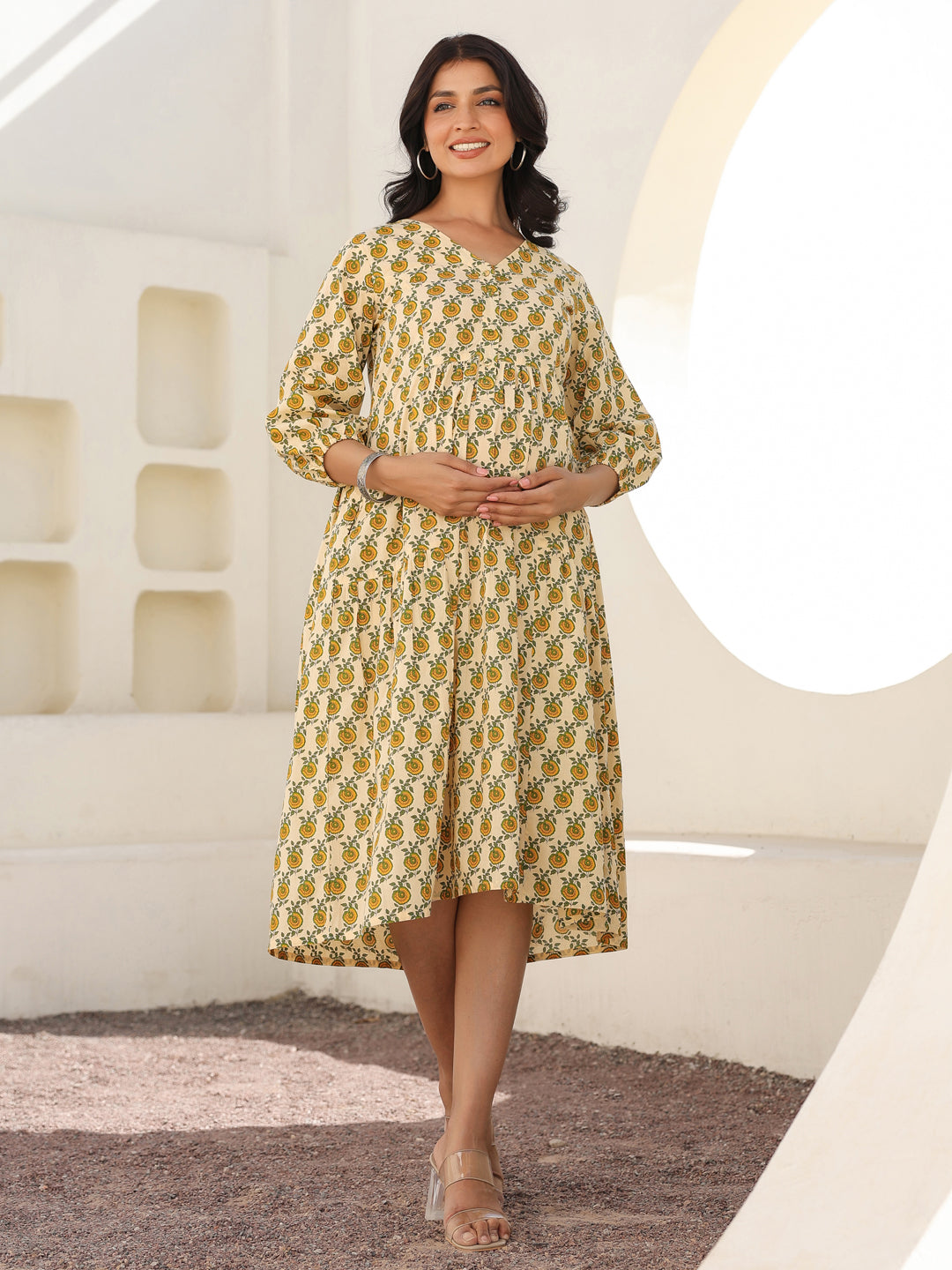 Naari By Shree Cream Pure Cotton Floral Printed A-line Maternity Dress