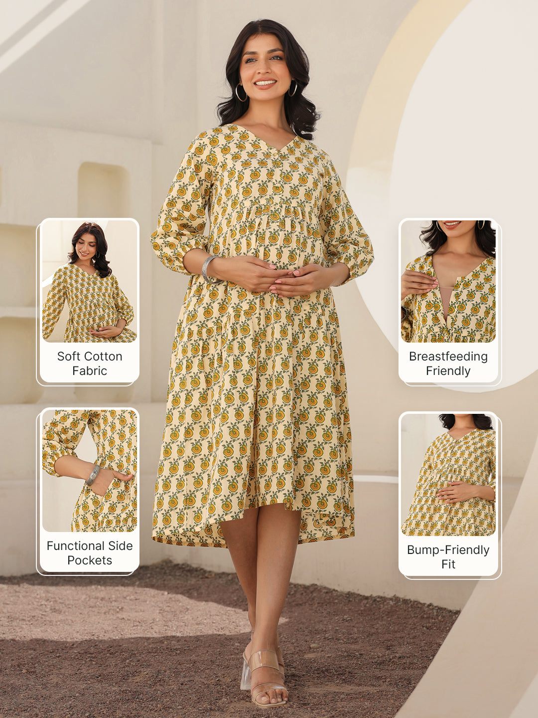 Naari By Shree Cream Pure Cotton Floral Printed A-line Maternity Dress