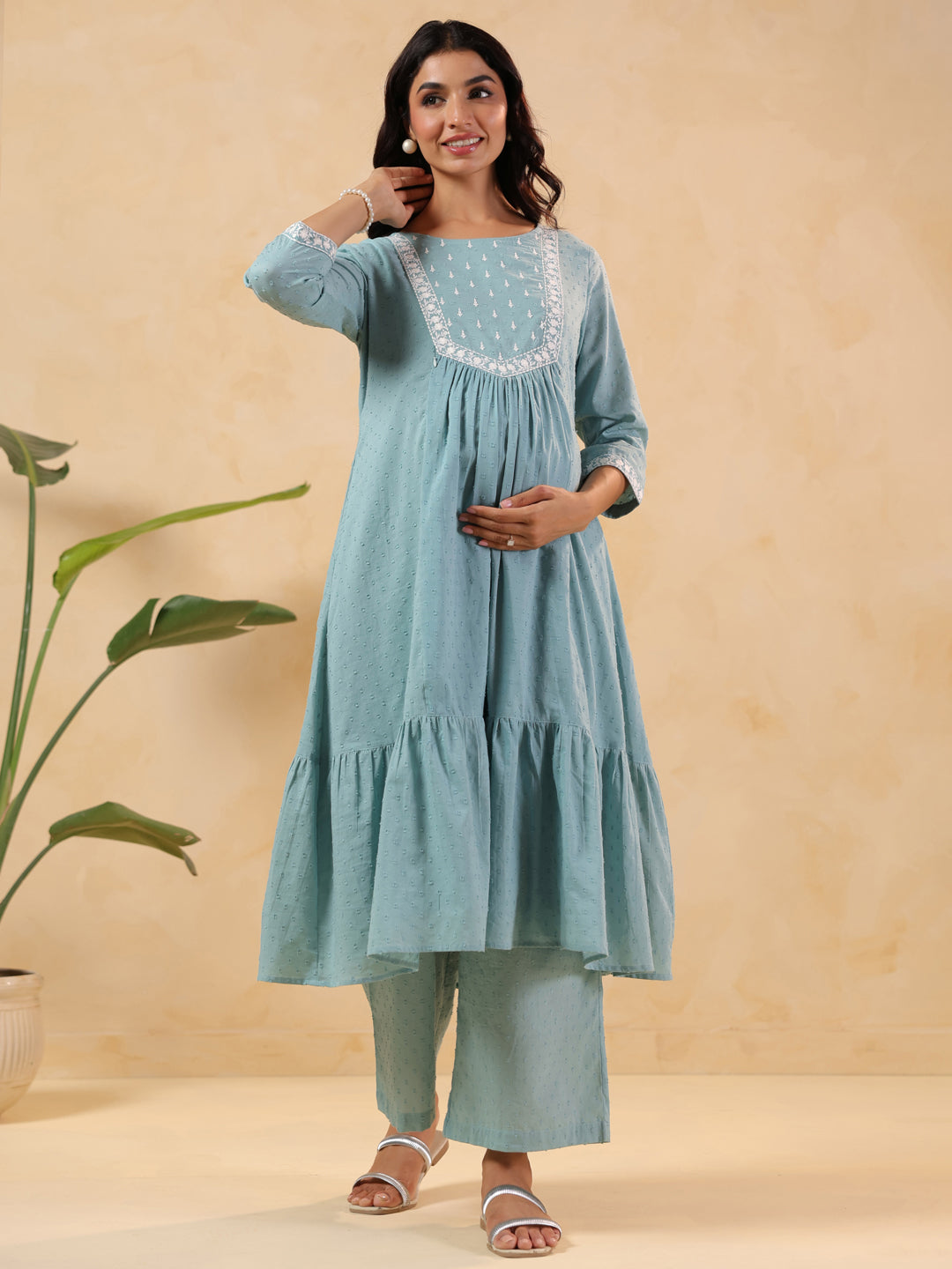 Naari By Shree Women's Light Blue Dobby Pure Cotton Yoke Embroidered A-line Maternity Kurta Pant Set