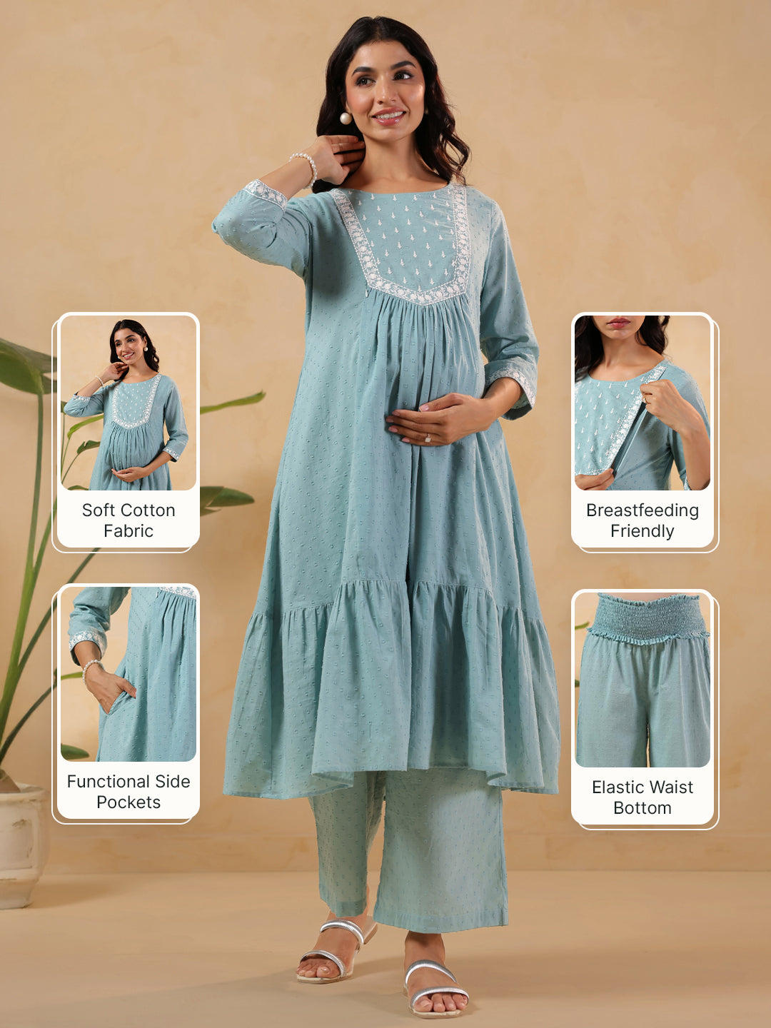 Naari By Shree Women's Light Blue Dobby Pure Cotton Yoke Embroidered A-line Maternity Kurta Pant Set