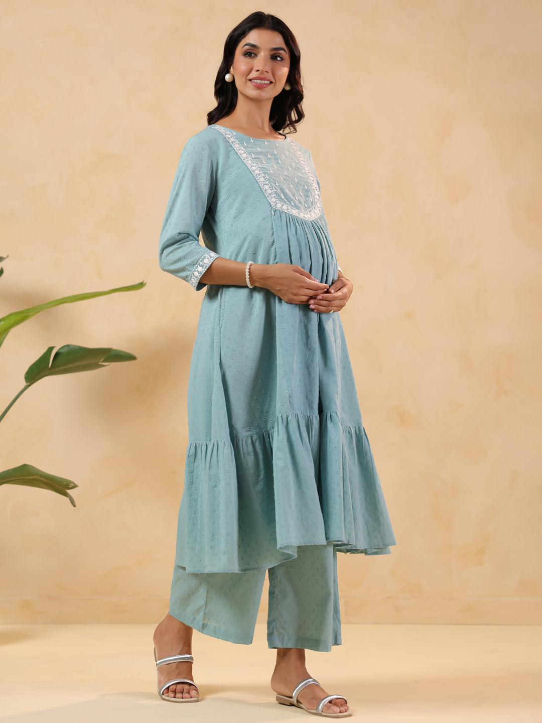 Naari By Shree Women's Light Blue Dobby Pure Cotton Yoke Embroidered A-line Maternity Kurta Pant Set