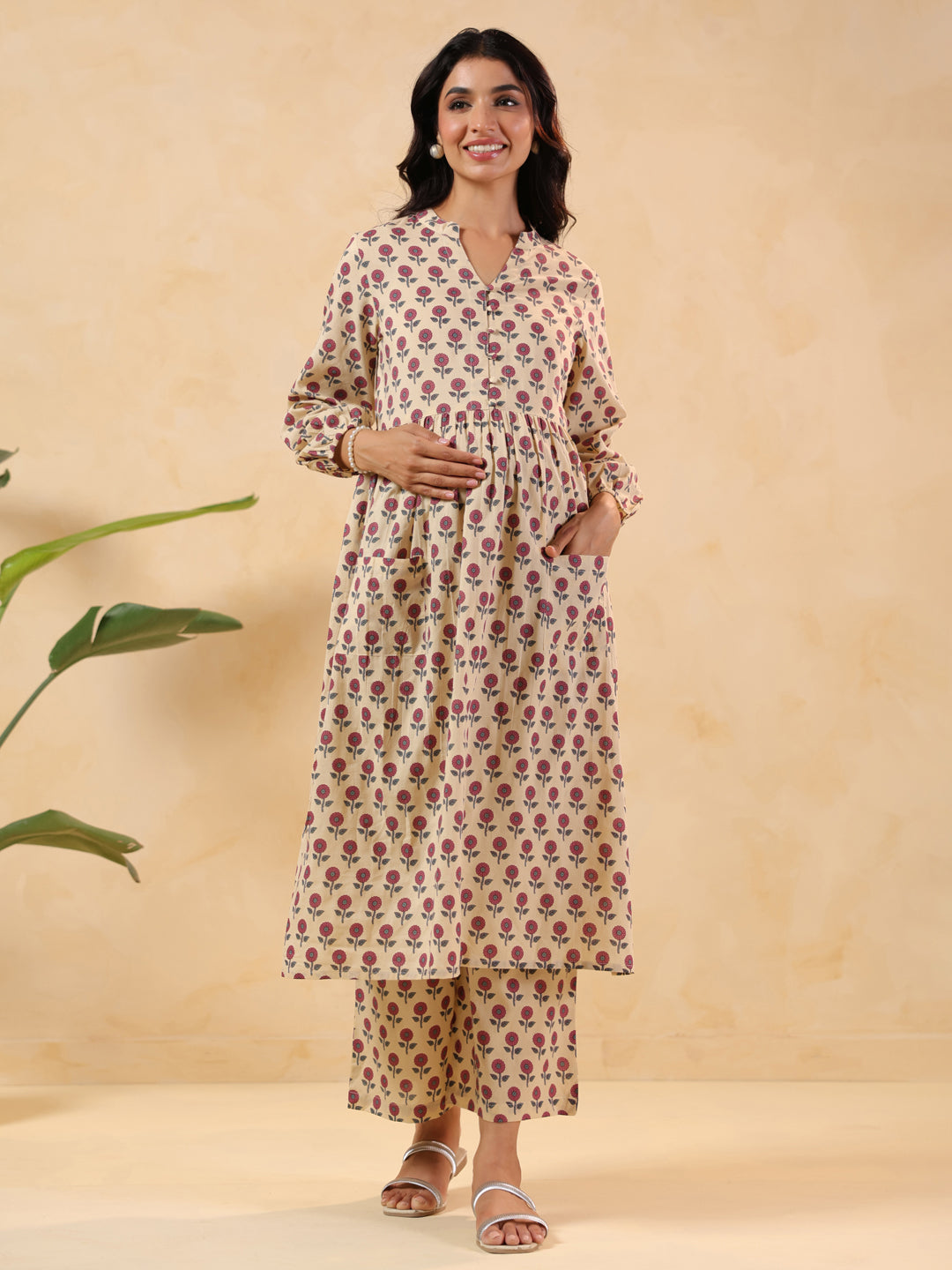 Naari By Shree Women's Cream Pure Cotton Floral Printed A-line Maternity Kurta Pant Set
