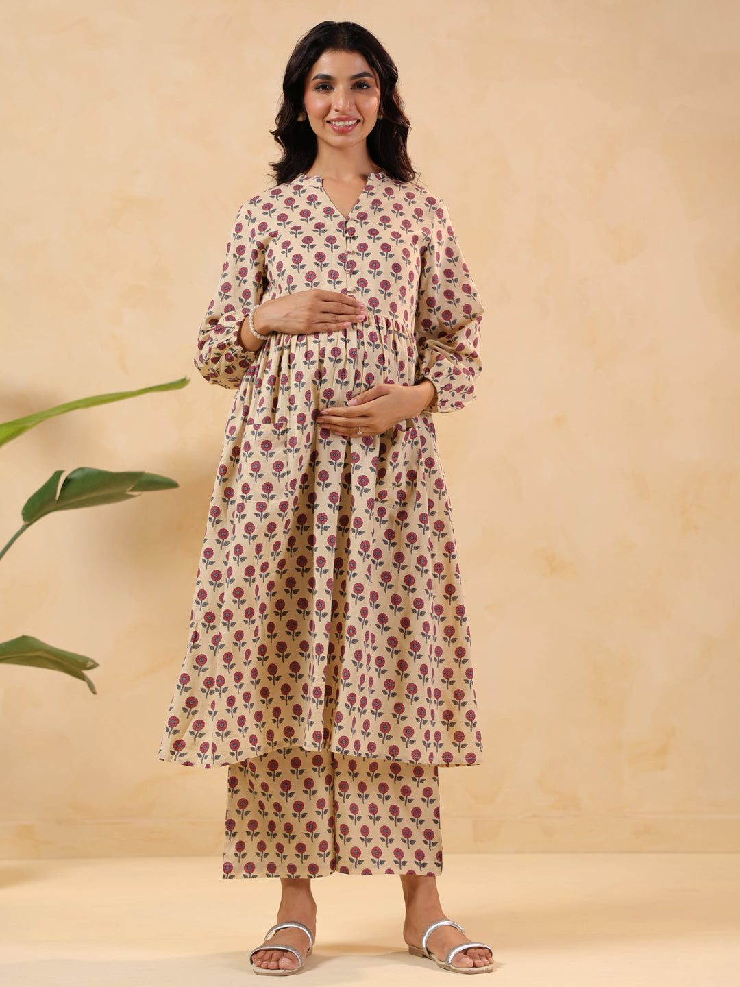 Naari By Shree Women's Cream Pure Cotton Floral Printed A-line Maternity Kurta Pant Set