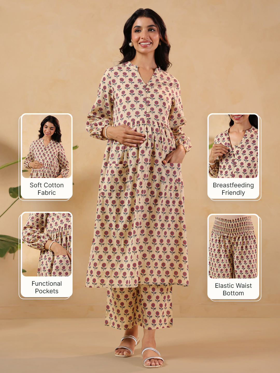 Naari By Shree Women's Cream Pure Cotton Floral Printed A-line Maternity Kurta Pant Set