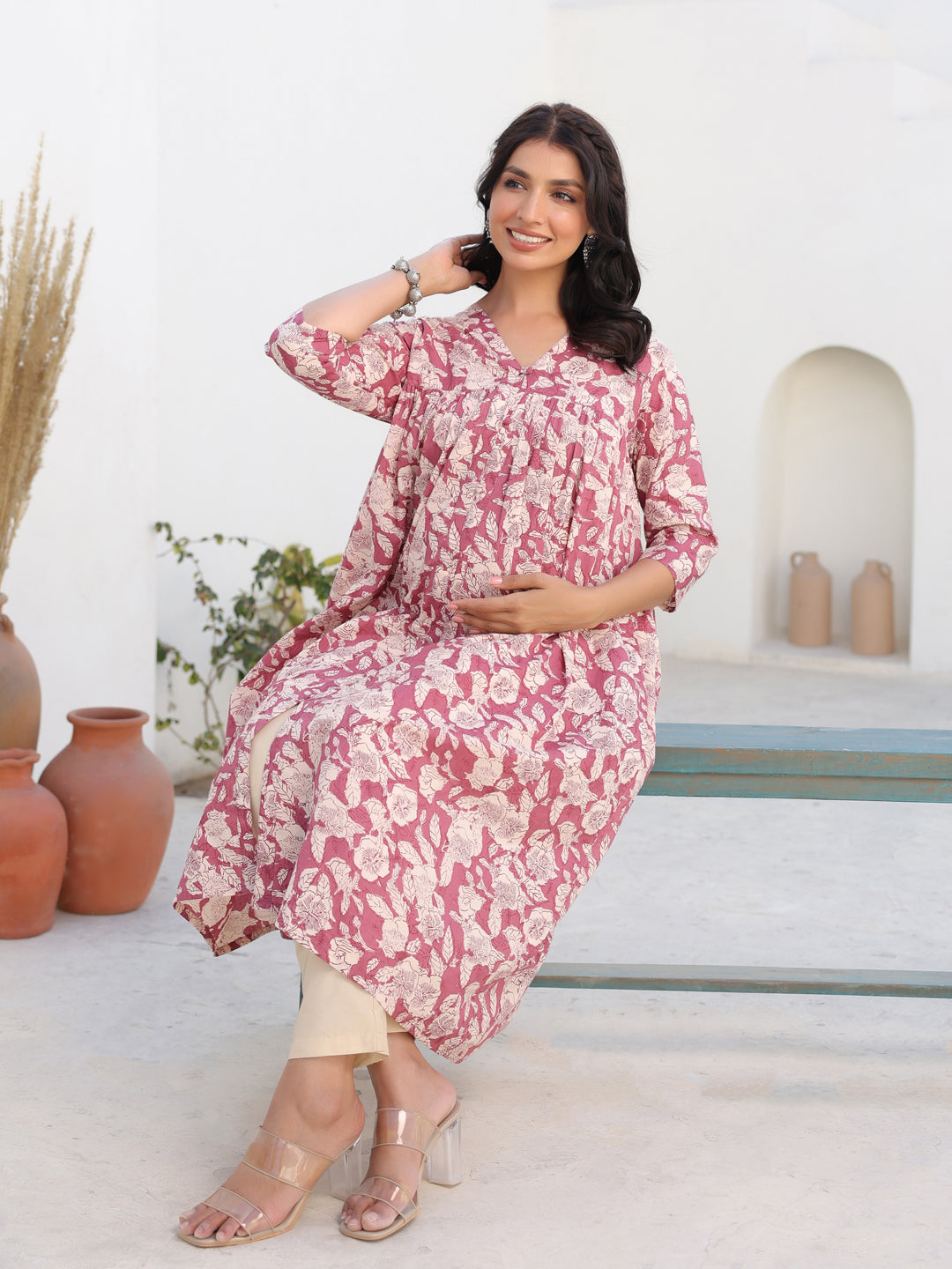 Naari By Shree Mauve Pure Cotton Floral Printed Gathered Maternity Kurta