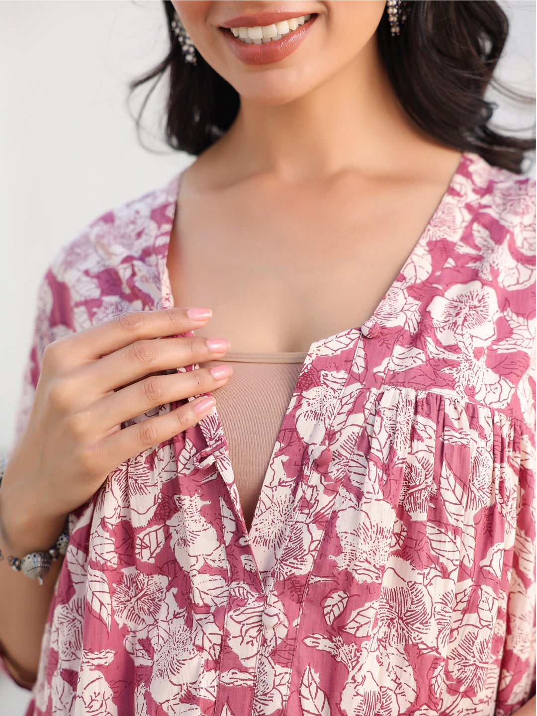 Naari By Shree Mauve Pure Cotton Floral Printed Gathered Maternity Kurta