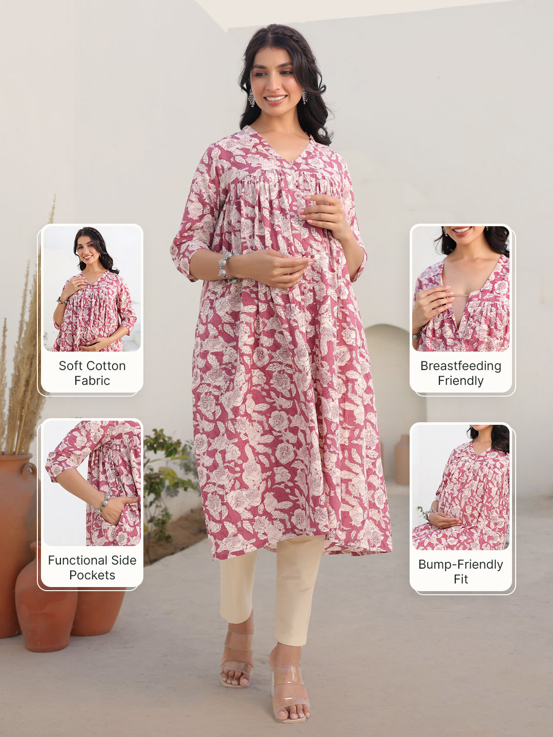 Naari By Shree Mauve Pure Cotton Floral Printed Gathered Maternity Kurta