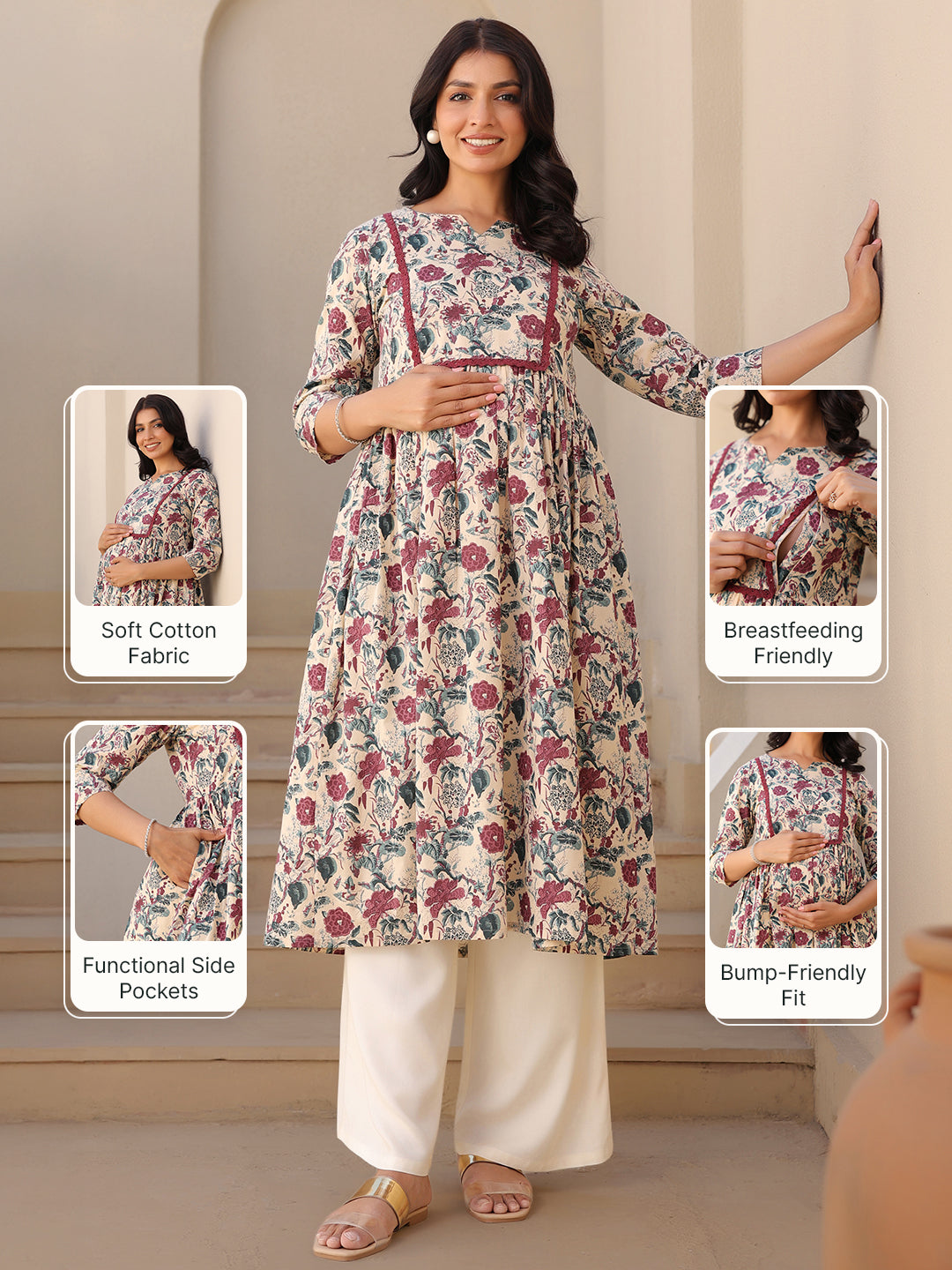 Naari By Shree Cream Pure Cotton Floral Printed Gathered Maternity Kurta