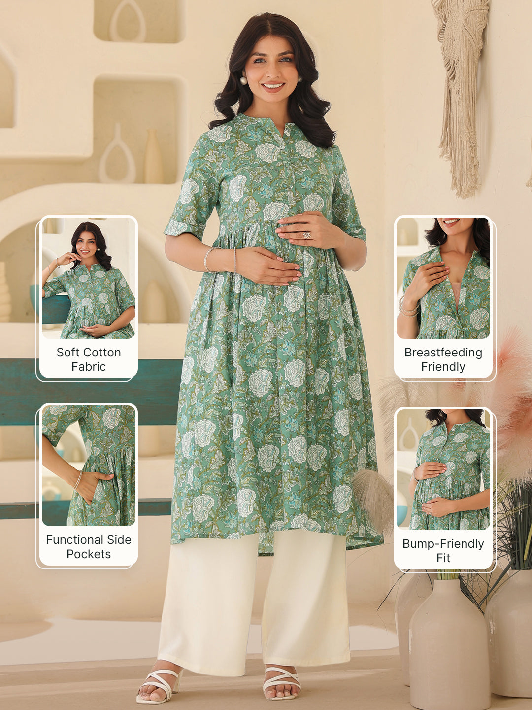 Naari By Shree Sage Green Pure Cotton Floral Printed A-line Maternity Kurta