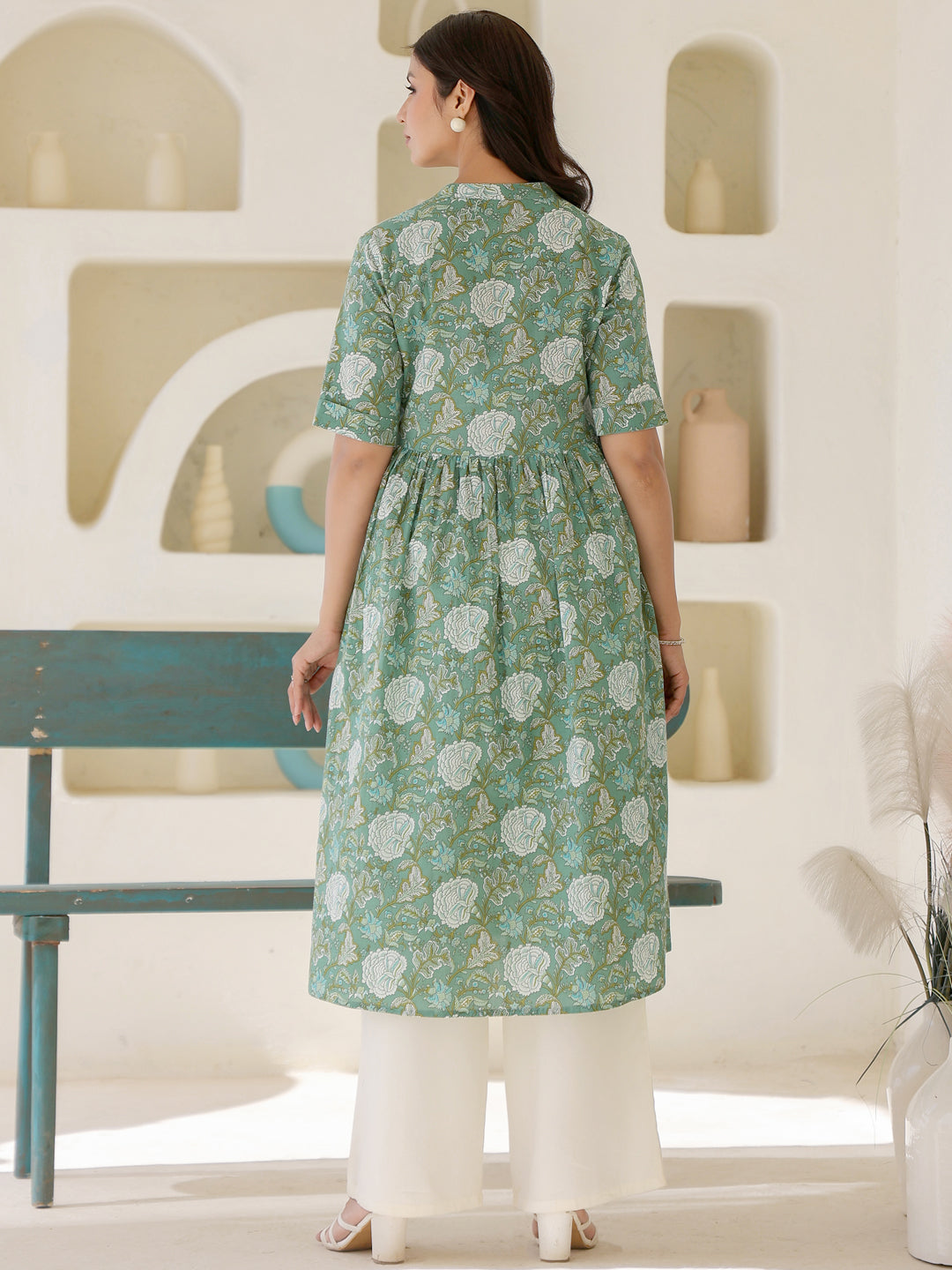 Naari By Shree Sage Green Pure Cotton Floral Printed A-line Maternity Kurta