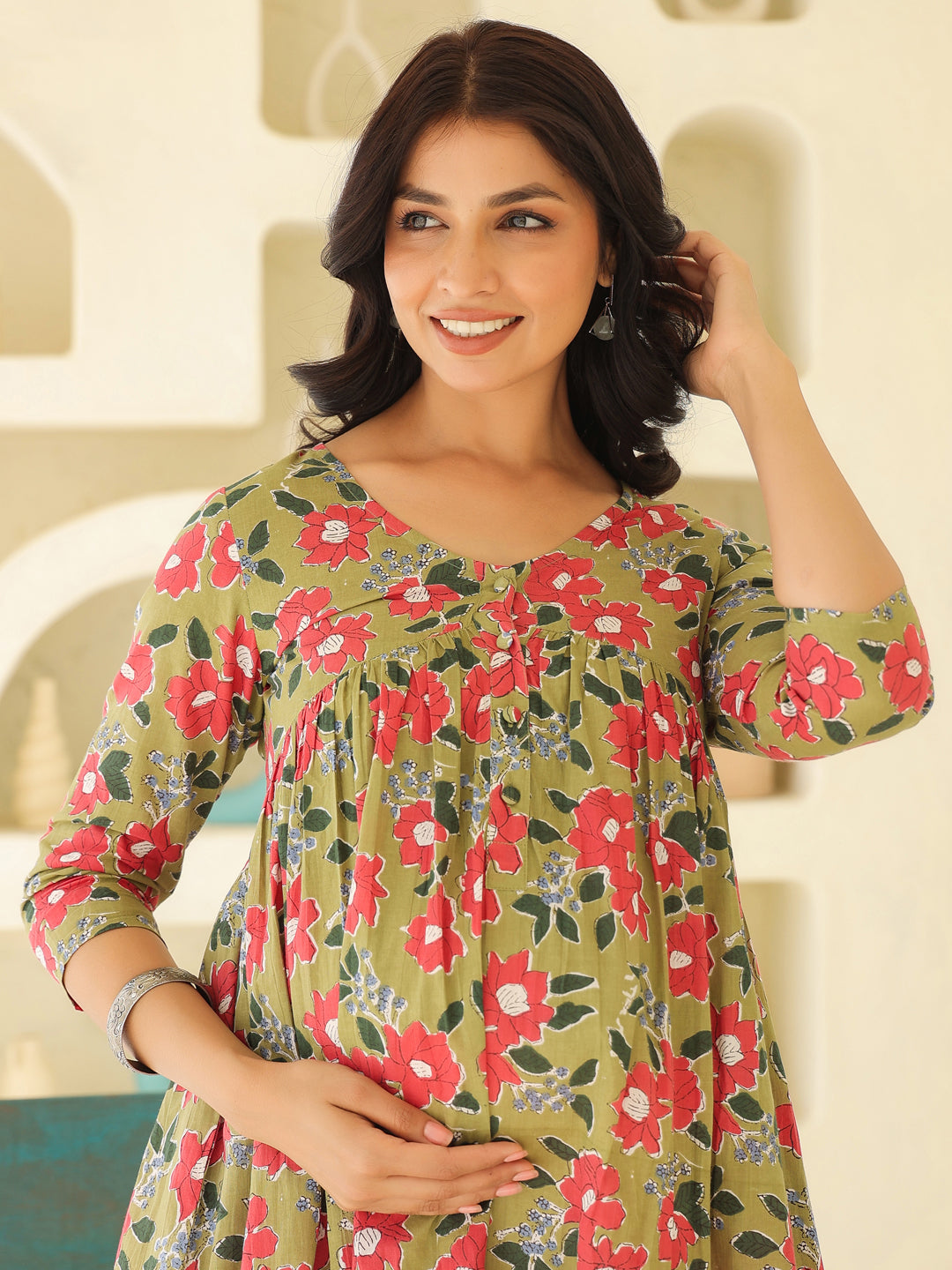 Naari By Shree Sage Green Pure Cotton Floral Printed Gathered Maternity Kurta