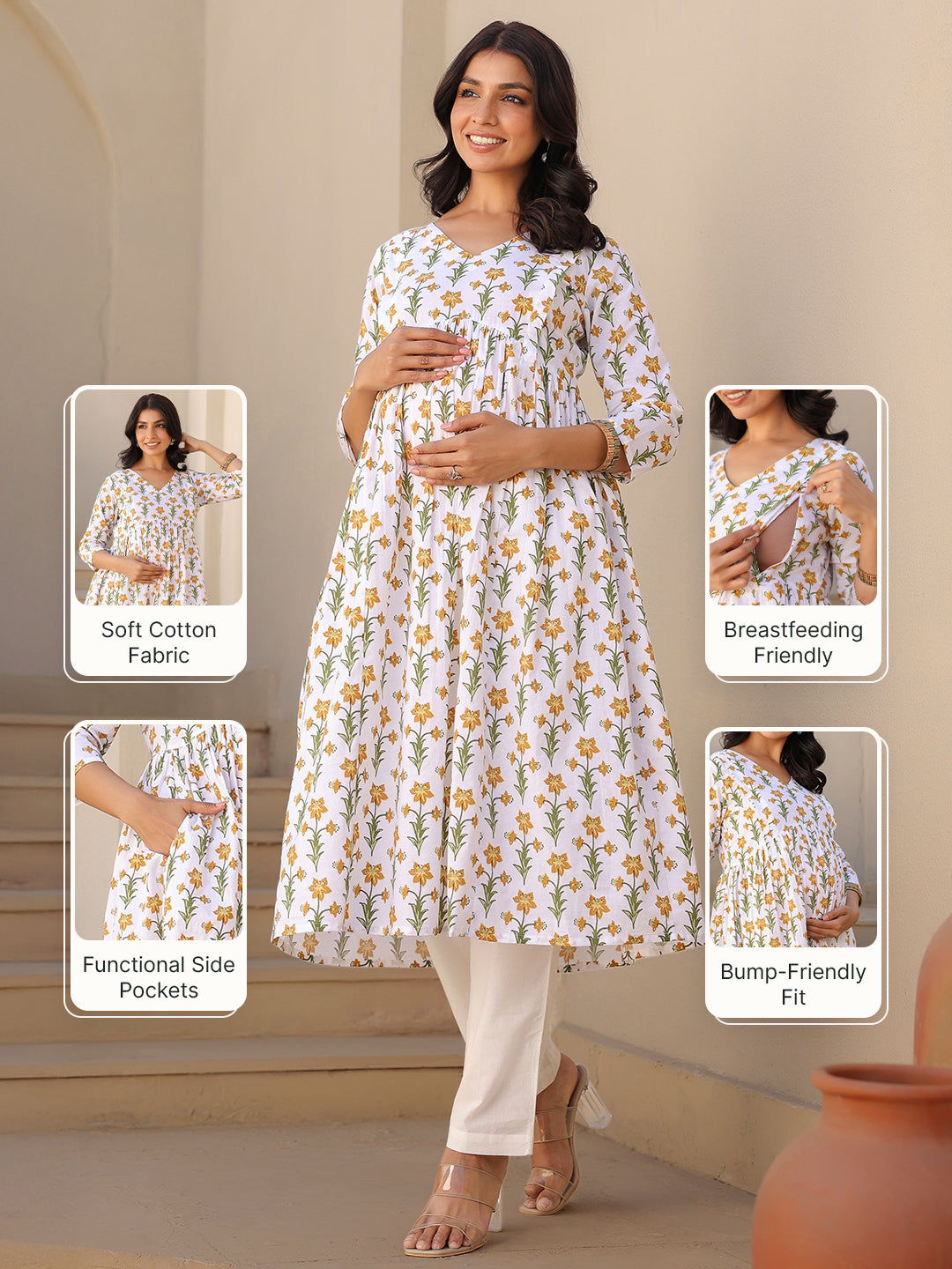 Naari By Shree White Pure Cotton Floral Printed A-line Maternity Kurta