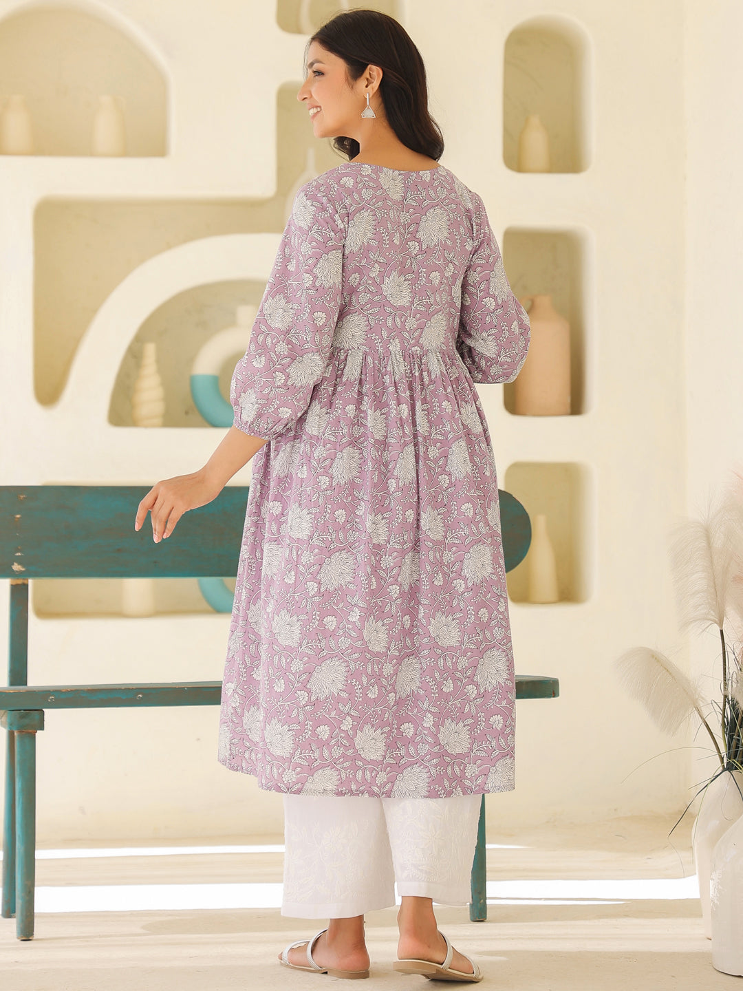 Naari By Shree Lavender Pure Cotton Floral Printed A-line Maternity Kurta