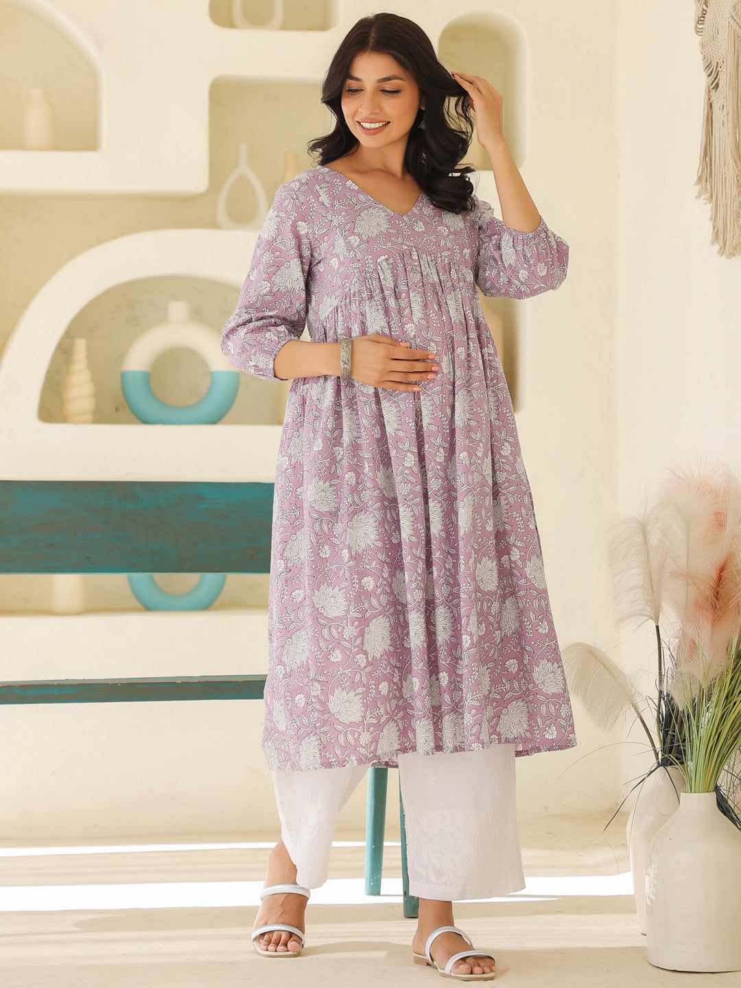 Naari By Shree Lavender Pure Cotton Floral Printed A-line Maternity Kurta