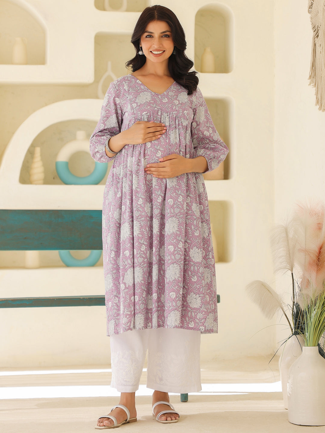 Naari By Shree Lavender Pure Cotton Floral Printed A-line Maternity Kurta