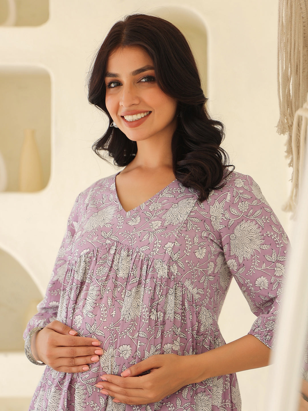 Naari By Shree Lavender Pure Cotton Floral Printed A-line Maternity Kurta