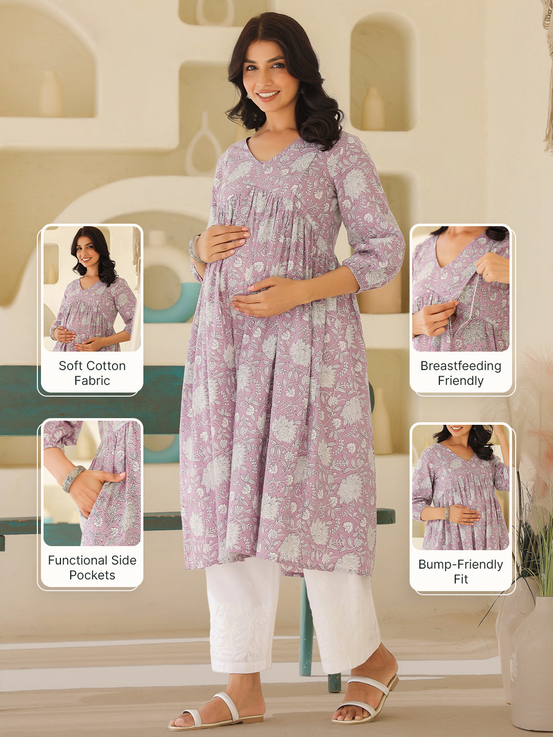 Naari By Shree Lavender Pure Cotton Floral Printed A-line Maternity Kurta