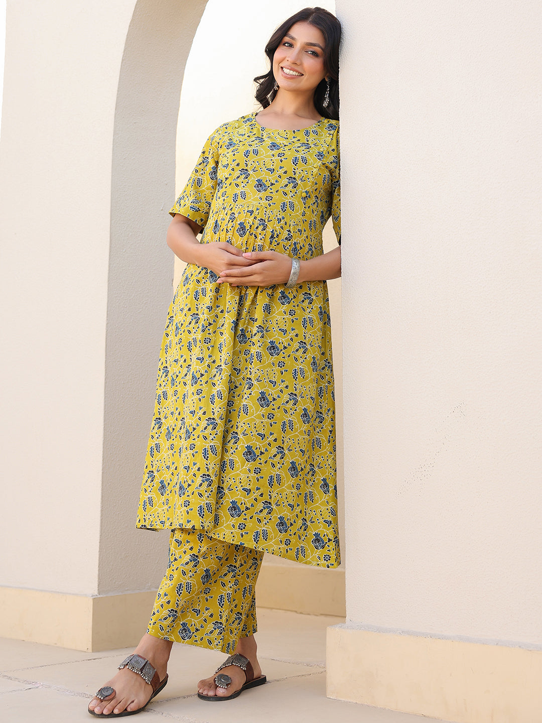 Naari By Shree Lime Yellow Pure Cotton Floral Printed A-line Maternity Kurta Pant Set