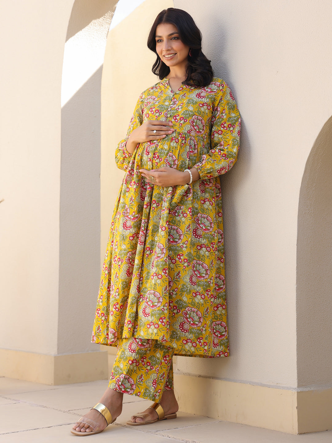 Naari By Shree Mustard Pure Cotton Floral Printed A-line Maternity Kurta Pant Set
