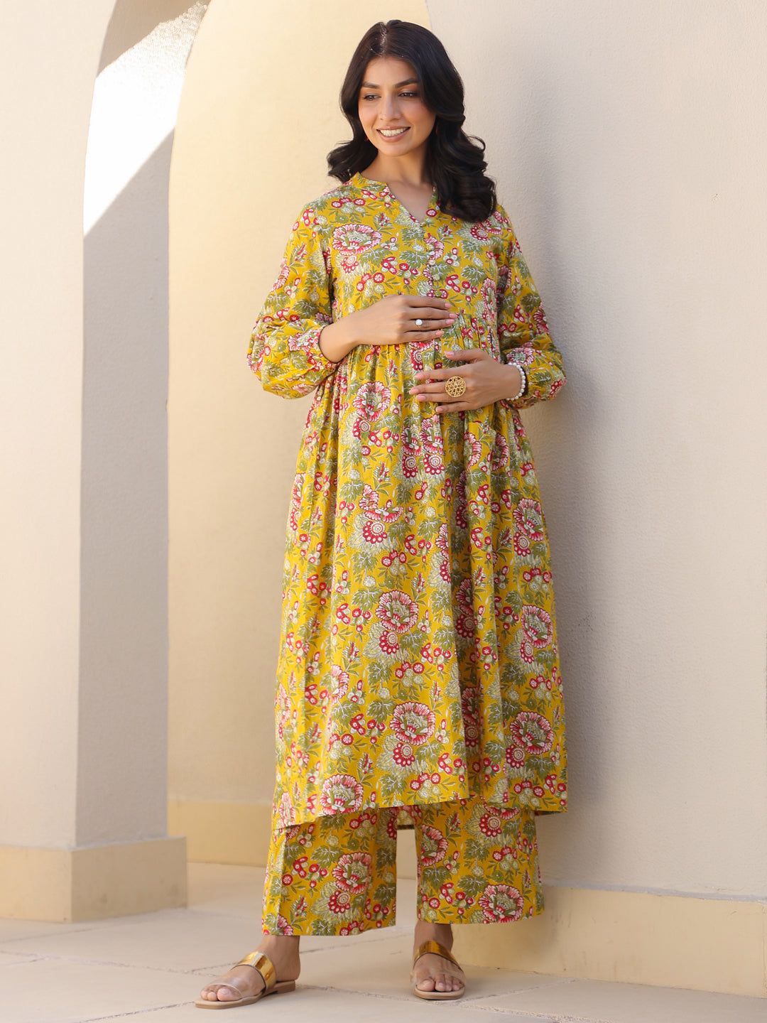 Naari By Shree Mustard Pure Cotton Floral Printed A-line Maternity Kurta Pant Set