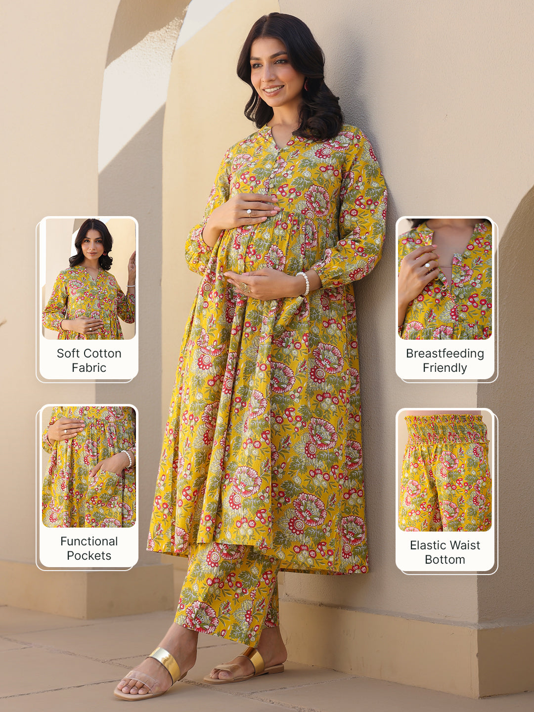 Naari By Shree Mustard Pure Cotton Floral Printed A-line Maternity Kurta Pant Set