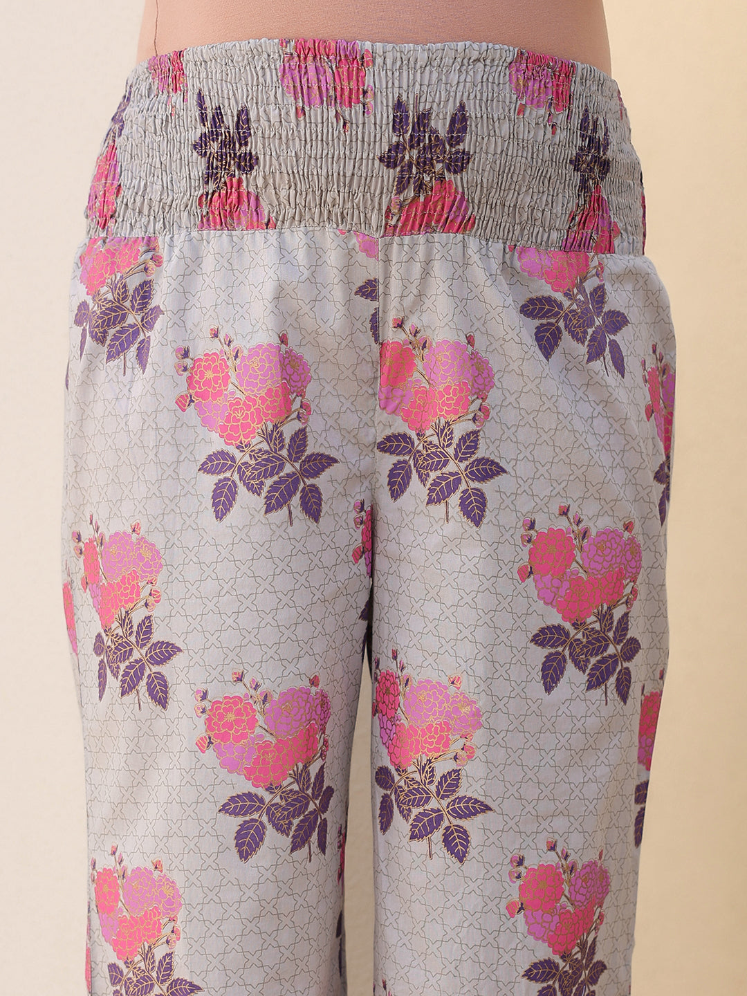 Naari By Shree Grey Pure Cotton Foil Printed Flared Maternity Kurta Set