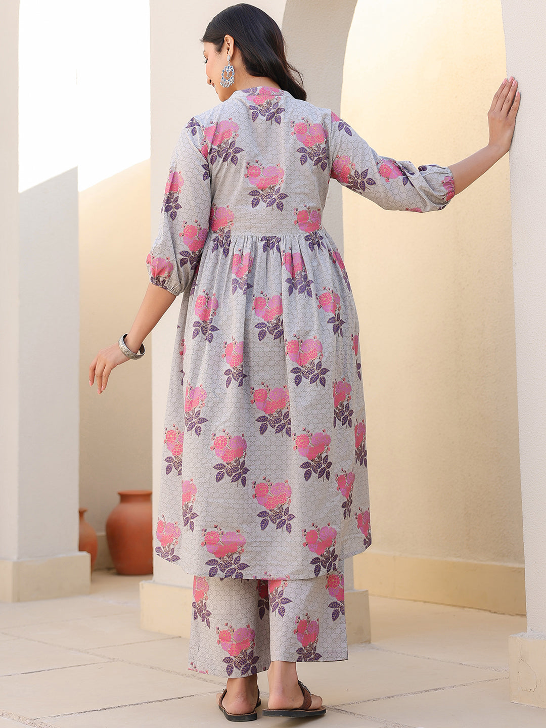 Naari By Shree Grey Pure Cotton Foil Printed Flared Maternity Kurta Set