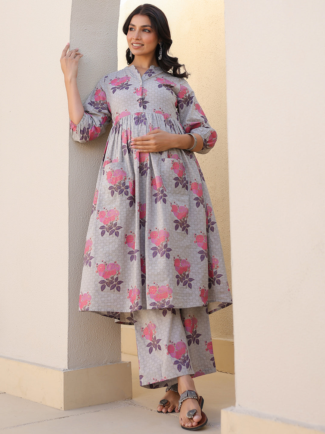 Naari By Shree Grey Pure Cotton Foil Printed Flared Maternity Kurta Set